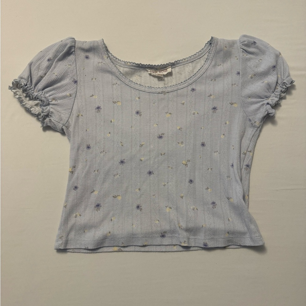Blue Floral Patterned Lace Top
